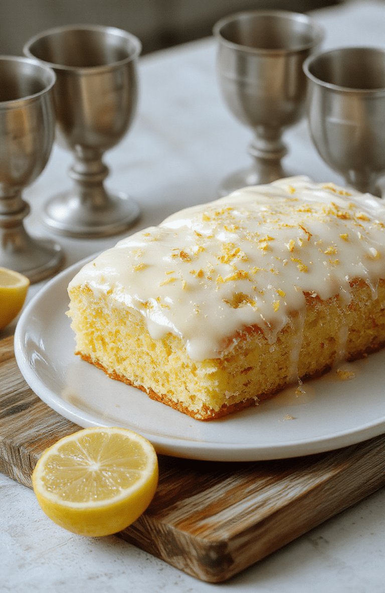 Bright lemon cake with glossy lemon glaze on a white plate, pale golden crumb visible, lemon zest sprinkled on top, surrounded by fresh lemons on a rustic wooden board. A medieval feast vibe with pewter goblets and dark linens in the softly lit background, warm daylight, simple elegant plating.