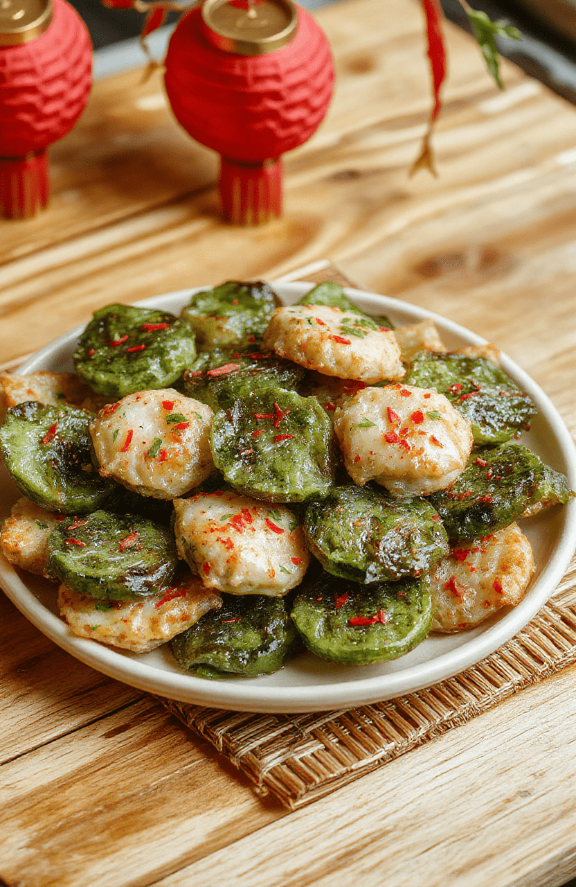 A plate of bite-sized peanut butter sesame balls on a warm wooden board, rolled in sesame seeds and chocolate chips, with a bamboo mat and red lanterns in soft focus in the background.