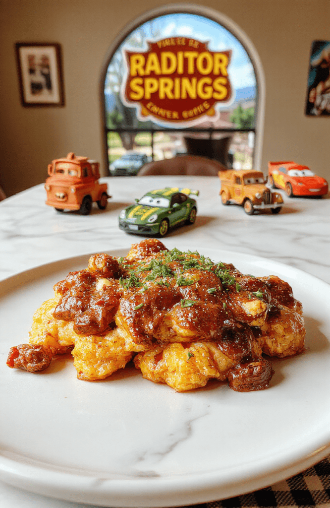 A bright, kid-friendly plate of creamy macaroni and cheese with broccoli florets and colorful pepper flakes, plated on a white round dish with Lightning McQueen racing stripes made from sauce. The plate sits on a glossy white marble table with Radiator Springs-inspired decor in the background, including desert hues, neon diner signage, and toy cars. Warm lighting highlights the glossy cheese sauce and crisp breadcrumb topping for a playful movie-night feel.