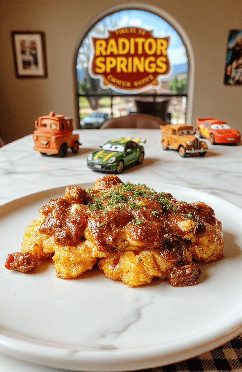 A bright, kid-friendly plate of creamy macaroni and cheese with broccoli florets and colorful pepper flakes, plated on a white round dish with Lightning McQueen racing stripes made from sauce. The plate sits on a glossy white marble table with Radiator Springs-inspired decor in the background, including desert hues, neon diner signage, and toy cars. Warm lighting highlights the glossy cheese sauce and crisp breadcrumb topping for a playful movie-night feel.