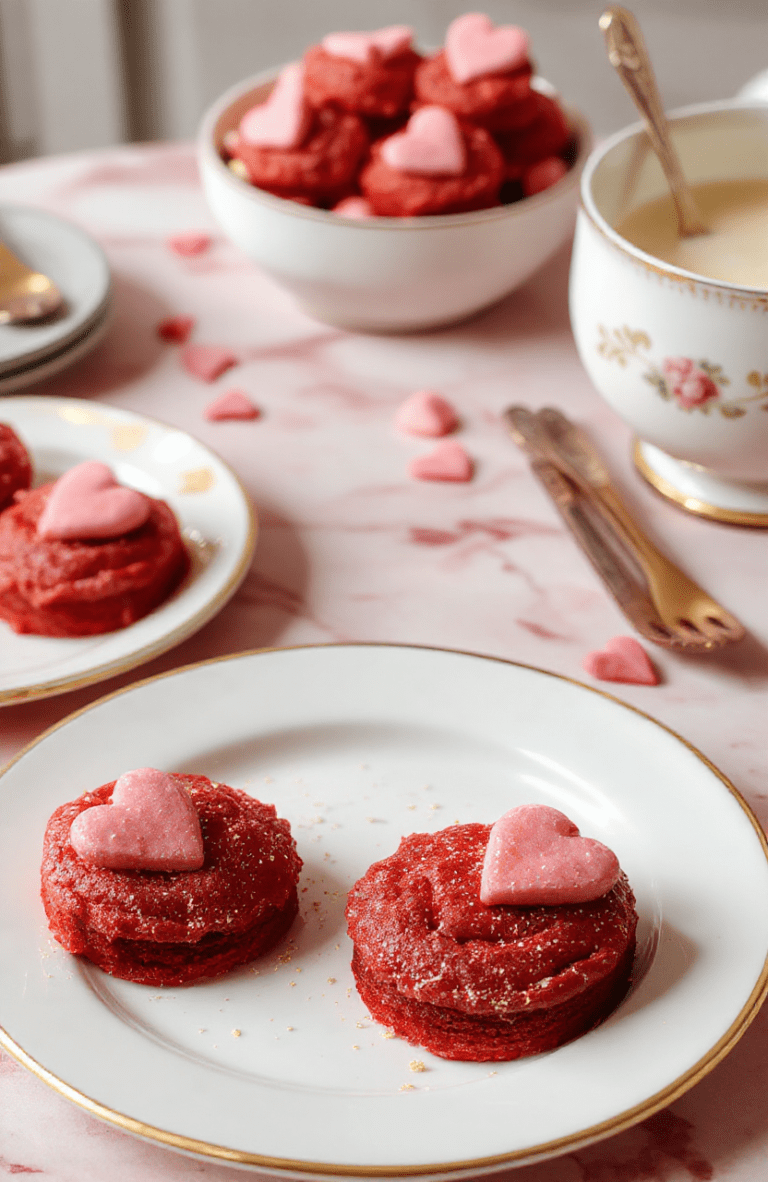Close-up of a Queen of Hearts inspired red velvet tart with creamy white filling, resting on a white plate with gold rim. The crust shows delicate heart shapes, with a dusting of gold and a few candy hearts. The scene is whimsical and magical, evoking a tea party in Wonderland.