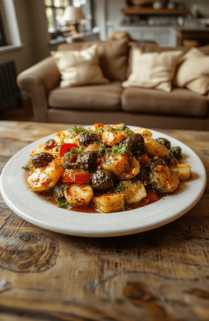A vibrant ratatouille plated in a shallow white bowl with ribbons of eggplant, zucchini, peppers, and tomato, drizzled with olive oil and basil, set on a rustic wooden table with a crusty bread loaf nearby. Warm, golden lighting highlights glossy vegetables and textures.