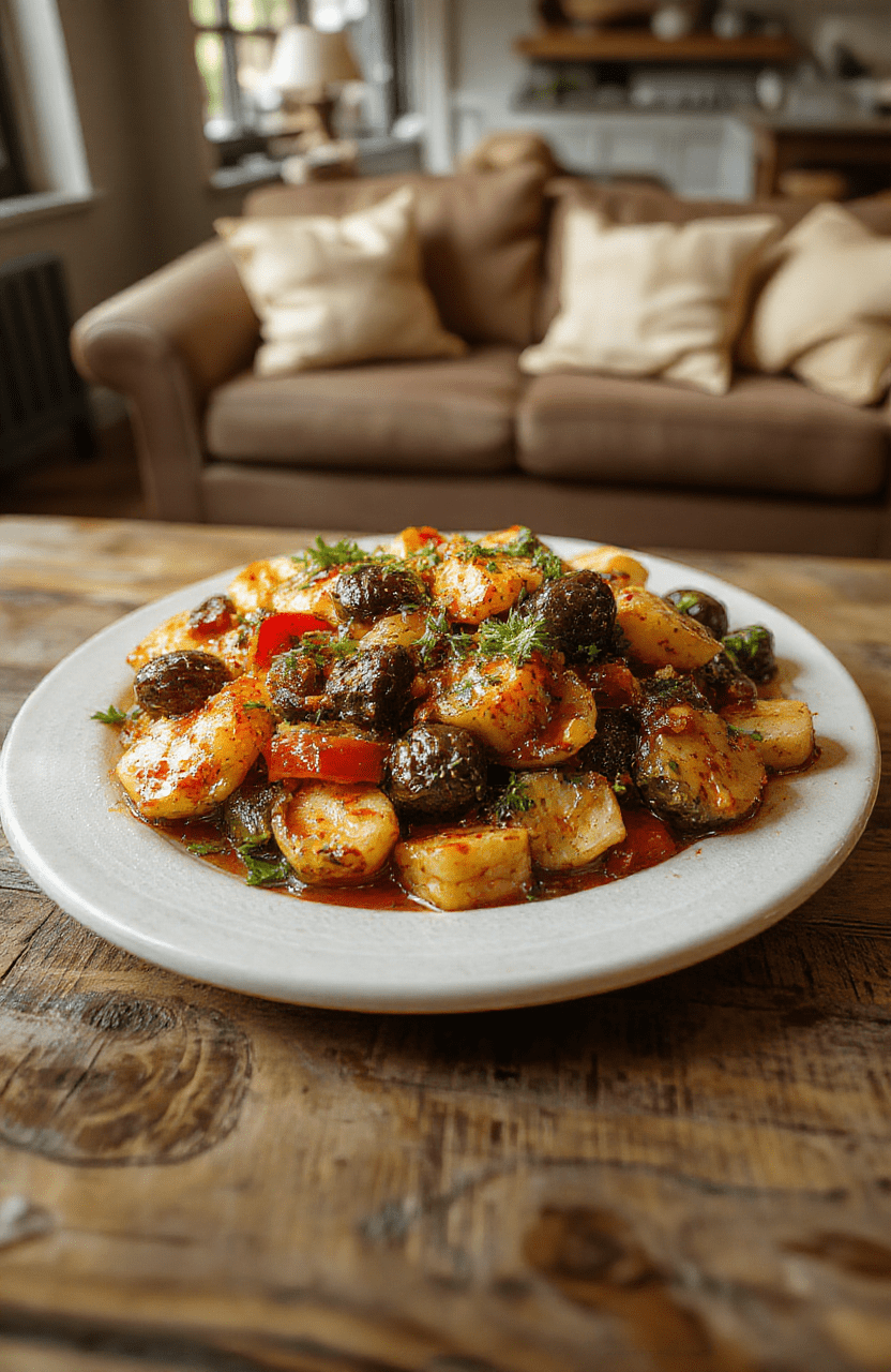 A vibrant ratatouille plated in a shallow white bowl with ribbons of eggplant, zucchini, peppers, and tomato, drizzled with olive oil and basil, set on a rustic wooden table with a crusty bread loaf nearby. Warm, golden lighting highlights glossy vegetables and textures.