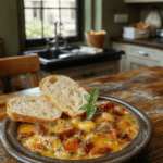 A vibrant bowl of ratatouille soup with chunky vegetables and herbs, served in a rustic white bowl, steam rising, on a wooden table with baguette slices and fresh basil; warm Parisian kitchen light and soft shadows.