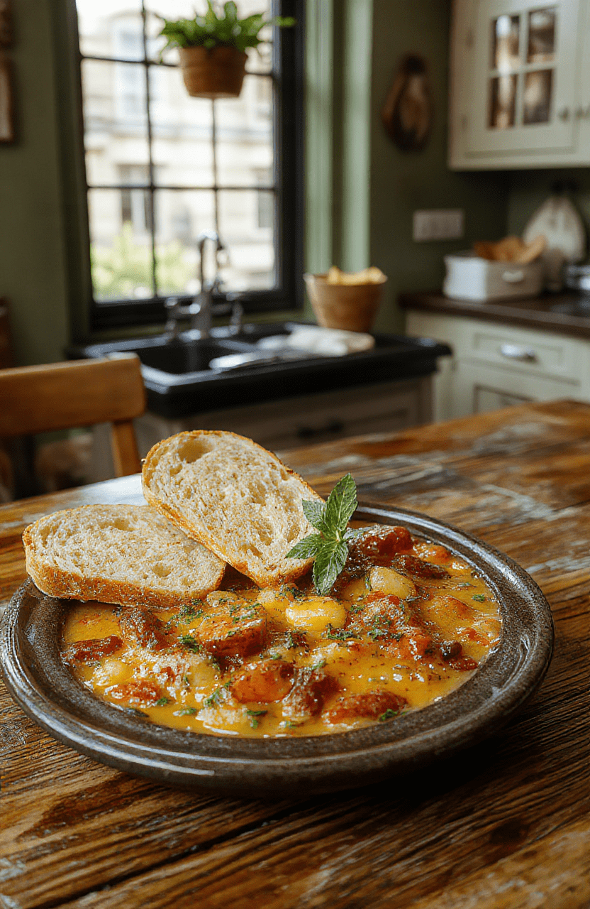 A vibrant bowl of ratatouille soup with chunky vegetables and herbs, served in a rustic white bowl, steam rising, on a wooden table with baguette slices and fresh basil; warm Parisian kitchen light and soft shadows.