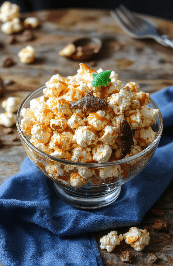 Golden caramel popcorn in a white bowl with a light sprinkle of sea salt, nestled among a few blue gummy sharks on a dark slate board; warm, inviting lighting highlights glossy caramel and crisp kernels, with a teal napkin and retro movie-night vibe in the background.