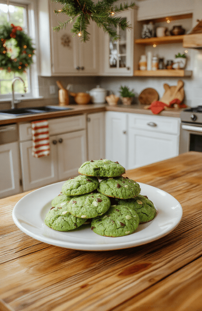 Bright green Grinch Christmas cookies arranged on a festive red plate with white chocolate chips, light dusting of powdered sugar, a sprig of holly, and a wooden table backdrop.