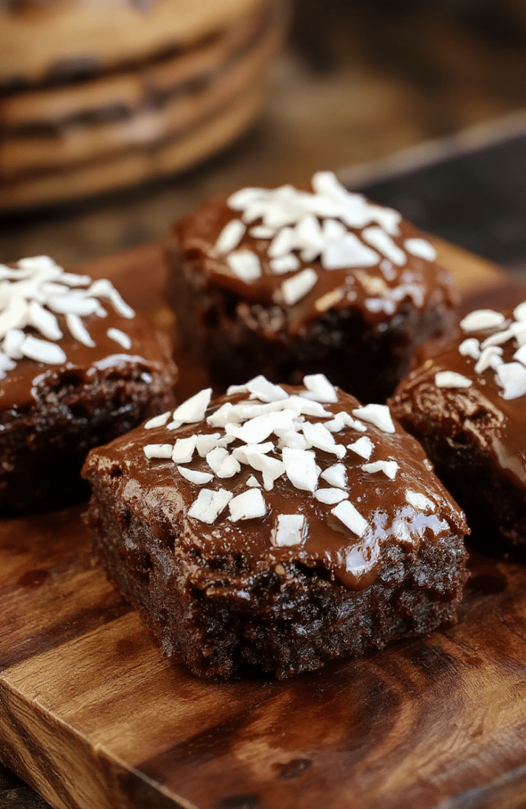Chewbacca brownies on a dark slate, cut into squares with a glossy fudgy surface. The top is slightly crackled and dusted with shredded coconut to mimic Chewbacca's fur, with a cocoa powder depth. A warm rustic setting with a wooden board and subtle starry accents in the background.