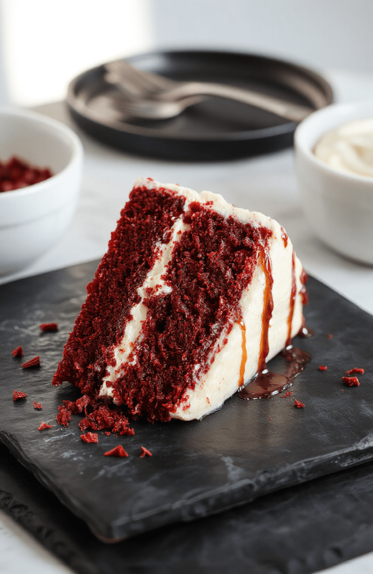 Deep red velvet cake slice with silky white frosting, chocolate drizzle forming subtle tentacles, set on a dark slate board with moody Hawkins vibes; the cake shows moist crumb and rich color, with a dramatic, spooky presentation.