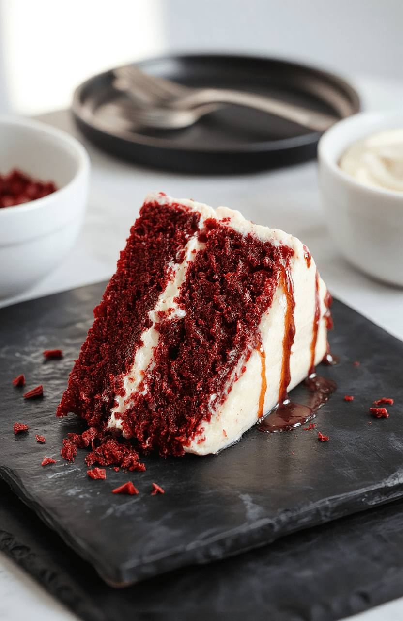 Deep red velvet cake slice with silky white frosting, chocolate drizzle forming subtle tentacles, set on a dark slate board with moody Hawkins vibes; the cake shows moist crumb and rich color, with a dramatic, spooky presentation.