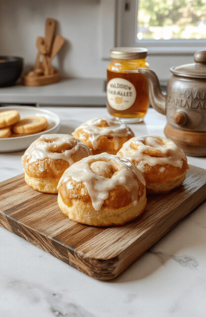 A plate of warm, golden-brown iced buns with a glossy vanilla glaze, dusted with sugar, arranged on a rustic wooden board. Soft natural light highlights fluffy interiors, with pastel sprinkles and a small jam jar in the background, giving a cozy kitchen vibe.