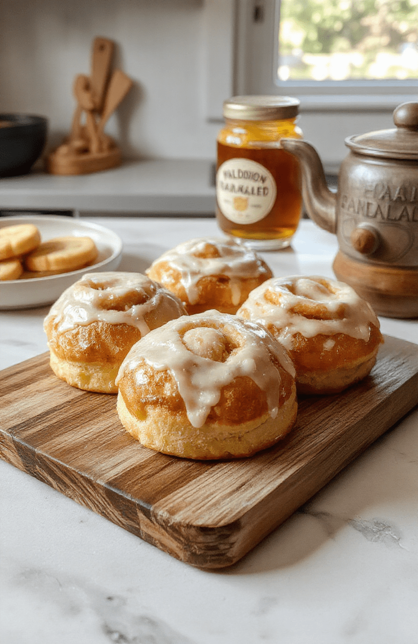 A plate of warm, golden-brown iced buns with a glossy vanilla glaze, dusted with sugar, arranged on a rustic wooden board. Soft natural light highlights fluffy interiors, with pastel sprinkles and a small jam jar in the background, giving a cozy kitchen vibe.