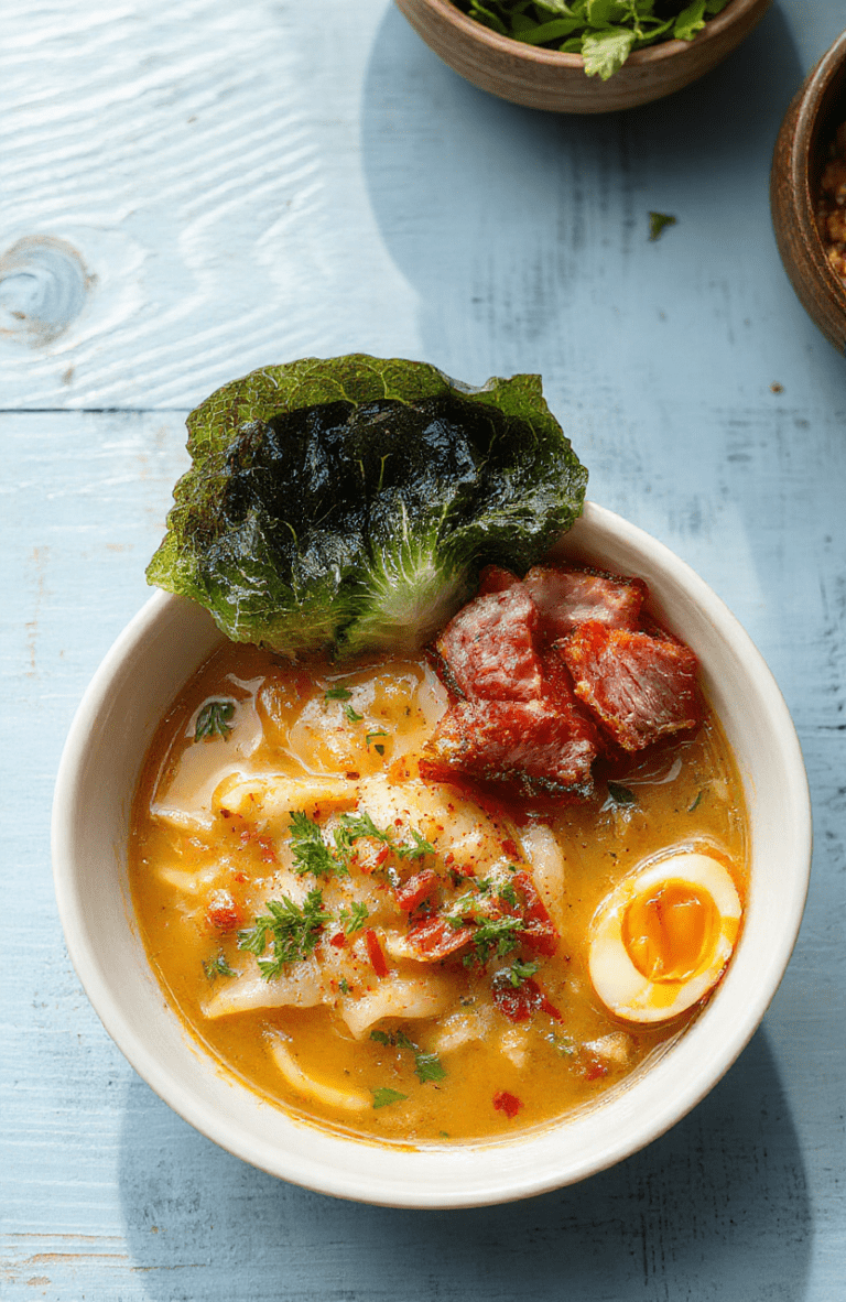 A steaming bowl of Ponyo Ham Ramen in a deep navy ceramic bowl sits on a pale blue wooden table. The broth glows amber with swirls of sesame oil, noodles peek through, ham slices are arranged, a halved soft-boiled egg, chopped scallions, nori strip and sesame seeds add color and texture. The background is softly blurred to keep the focus on the glossy surface of the ramen, conveying cozy, kid-friendly vibes.