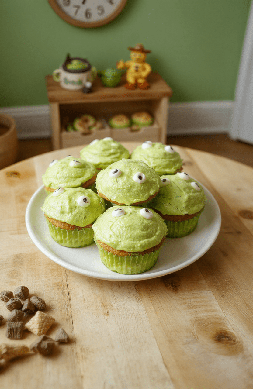 A vibrant display of Easy Toy Story Alien Cupcakes: lime-green frosting crowned with mini candy eyes, star sprinkles, and purple liners on a clean white pedestal. Bright, kid-friendly colors pop against a soft pastel backdrop, with a playful alien-theme vibe.