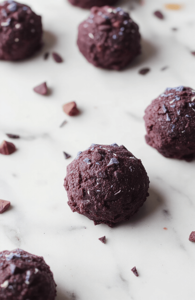 A plate of glossy purple Oreo truffles sits atop a white marble surface, each bite-sized sphere coated in a smooth purple shell with a light dusting of crushed cookies. The truffles are arranged on a silver-edged platter with a few whole Oreos and a sprinkle of lavender sugar for contrast. The background features sea blue tones and soft natural light, evoking a whimsical undersea vibe.
