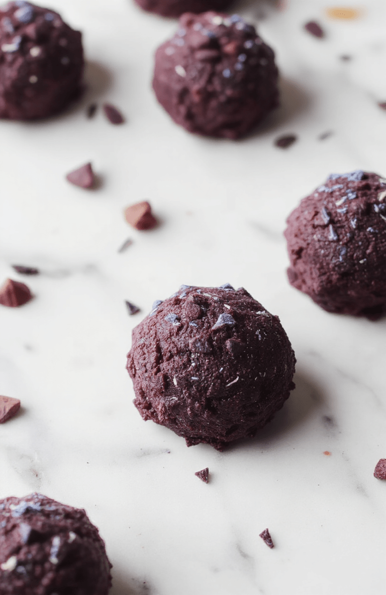 A plate of glossy purple Oreo truffles sits atop a white marble surface, each bite-sized sphere coated in a smooth purple shell with a light dusting of crushed cookies. The truffles are arranged on a silver-edged platter with a few whole Oreos and a sprinkle of lavender sugar for contrast. The background features sea blue tones and soft natural light, evoking a whimsical undersea vibe.