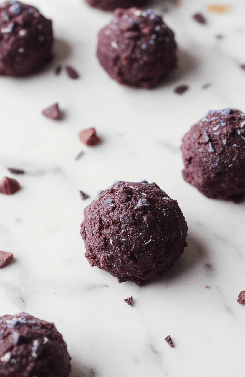 A plate of glossy purple Oreo truffles sits atop a white marble surface, each bite-sized sphere coated in a smooth purple shell with a light dusting of crushed cookies. The truffles are arranged on a silver-edged platter with a few whole Oreos and a sprinkle of lavender sugar for contrast. The background features sea blue tones and soft natural light, evoking a whimsical undersea vibe.