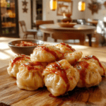 A plate of plump chicken dumplings with a glossy soy-ginger glaze on a white plate, sprinkled with chopped green onions and sesame seeds. The dumplings have crimped edges and a tender filling visible at the seams. A small dipping sauce bowl sits beside on a warm wooden table, with natural daylight highlighting the textures and colors.