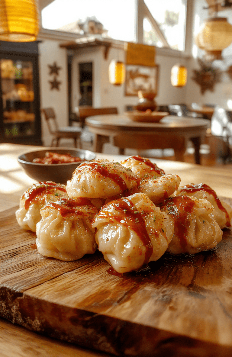 A plate of plump chicken dumplings with a glossy soy-ginger glaze on a white plate, sprinkled with chopped green onions and sesame seeds. The dumplings have crimped edges and a tender filling visible at the seams. A small dipping sauce bowl sits beside on a warm wooden table, with natural daylight highlighting the textures and colors.