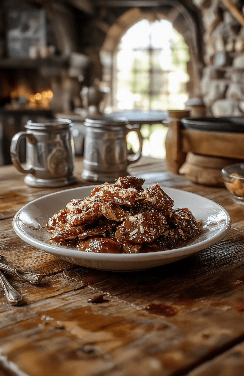 A glossy tray of witcher's toffee squares on a parchment-lined wooden board, amber caramel glistening under warm light, sprinkled with a pinch of sea salt. The rustic slate and candlelight evoke a medieval tavern ambiance, with a pewter cup and a small dagger-friendly aesthetic.