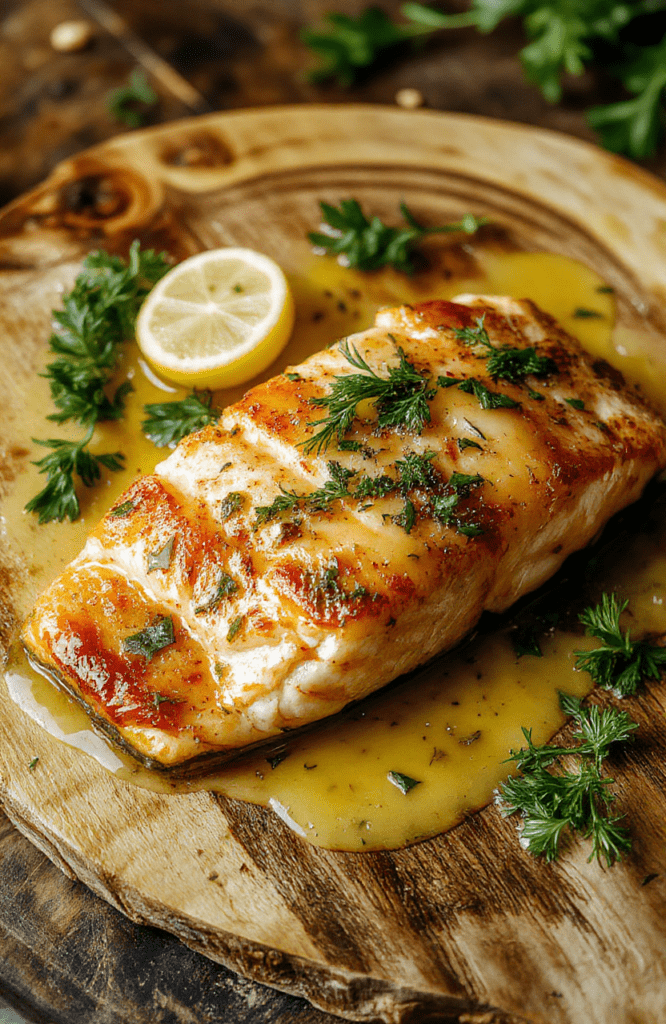 Plate of golden salmon meunière with lemon butter sauce, bright green herbs, and crisp edges, served on a white plate atop a rustic oak board; vibrant colors, glossy sauce, and a Zelda-inspired forest backdrop.