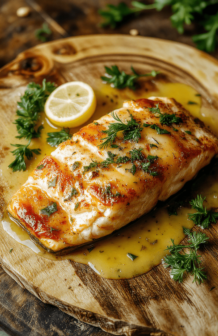 Plate of golden salmon meunière with lemon butter sauce, bright green herbs, and crisp edges, served on a white plate atop a rustic oak board; vibrant colors, glossy sauce, and a Zelda-inspired forest backdrop.