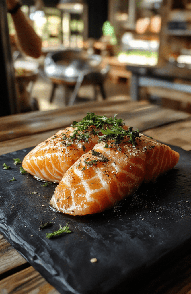 Seared salmon fillet on a dark slate plate, glazed with red chili oil and a bright blue citrus emulsion, garnished with microgreens and charred lemon slices; rustic wooden table and popcorn in the background evoke a cozy movie night.
