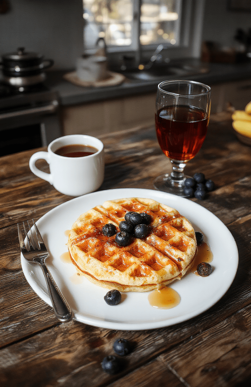Golden-brown waffles with crisp edges on a white plate, drizzled with maple syrup. A steaming cup of Earl Grey tea and a small bowl of honey rest nearby. The waffles are fluffy inside, studded with a few chocolate chips, and the scene sits on a dark walnut countertop. Warm string lights and subtle Hawkins-inspired decor create a nostalgic, cozy breakfast atmosphere; shallow depth of field highlights the textures of the waffles.