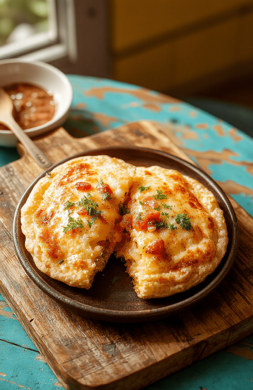A vibrant plate of melted cheese stuffed arepas split open to reveal oozy gooey centers, garnished with fresh cilantro. The arepas rest on a warm, colorful backdrop with a rustic wooden board, a dab of pico de gallo for color and a drizzle of crema.