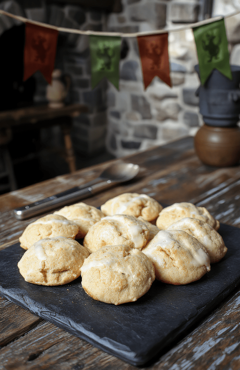 Golden fortune cookies arranged on a dark slate board with parchment, a drizzle of honey, and a hint of citrus zest; cookies are crisp with browned edges and delicate cracks; fortunes peek from the seams; candle glow gives a medieval banquet vibe.