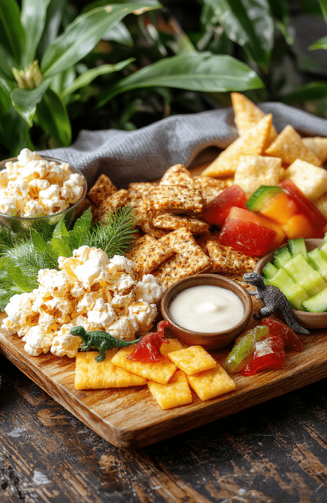 Vibrant kid-friendly Jurassic Park themed snack board on a rustic wooden board, featuring popcorn, dinosaur-shaped crackers, cheese cubes, cucumber coins, carrot batons, grapes, orange wedges, gummy dinosaurs, and dips; green and amber tones, tropical leaves, and tiny dinosaur accents create a playful cinematic presentation.