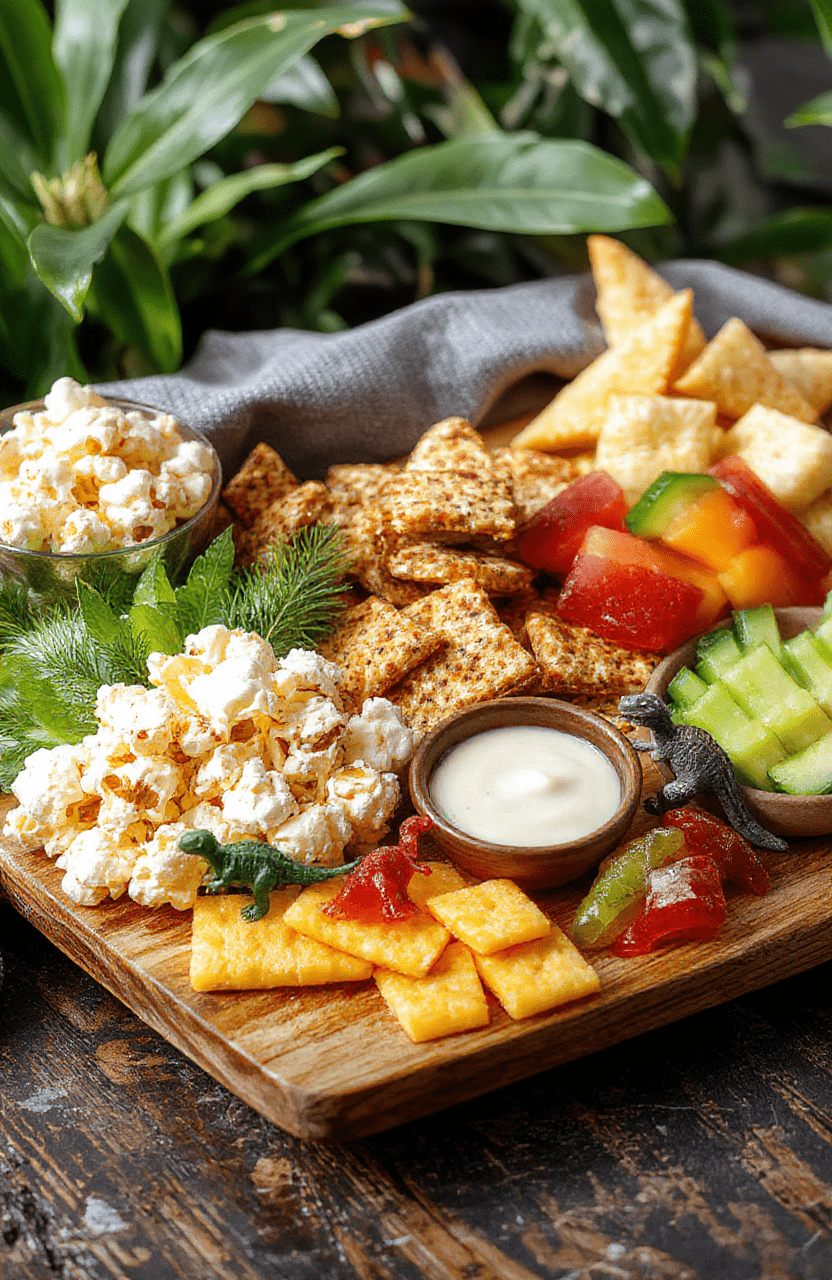 Vibrant kid-friendly Jurassic Park themed snack board on a rustic wooden board, featuring popcorn, dinosaur-shaped crackers, cheese cubes, cucumber coins, carrot batons, grapes, orange wedges, gummy dinosaurs, and dips; green and amber tones, tropical leaves, and tiny dinosaur accents create a playful cinematic presentation.