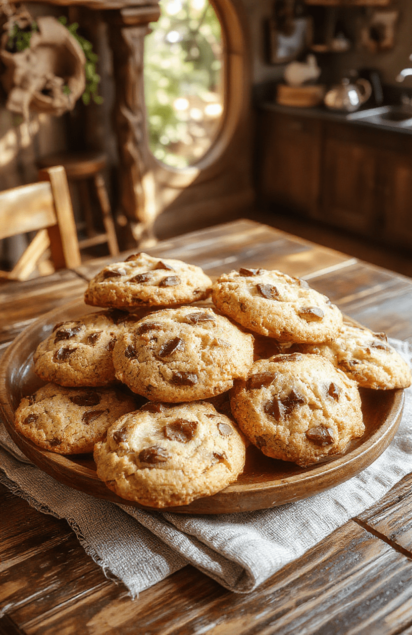 Golden lembas bread cookies on a rustic wooden board with a linen napkin, honey glaze, and oats visible, set in a Hobbit-style kitchen with warm daylight.