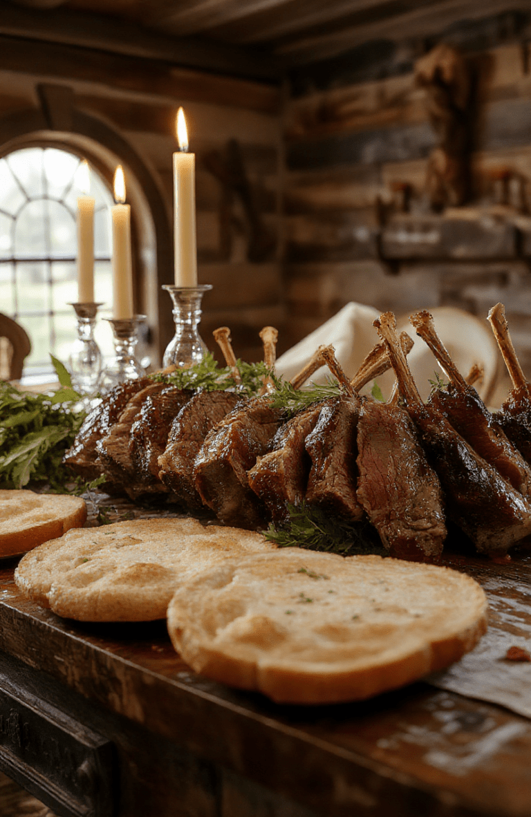A rustic wooden table set for a Lord of the Rings inspired feast: a juicy herb-crusted lamb roast with a glossy glaze sits beside golden lembas-style flatbreads, roasted root vegetables, and sprigs of rosemary. Warm candlelight catches on metal goblets while green hills and a hobbit-hole doorway create a Shire ambiance in the background.