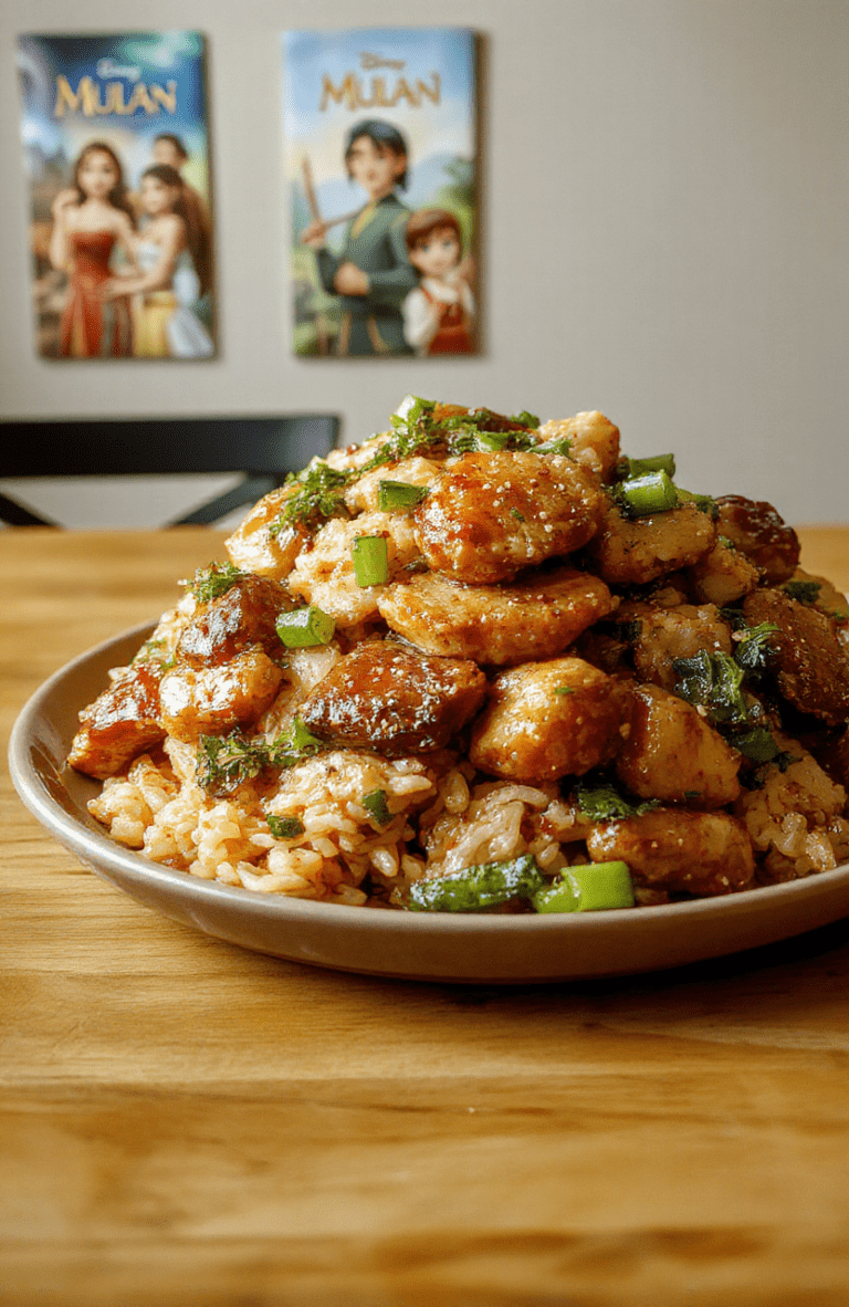 Colorful sesame chicken with veggie fried rice on a bright white plate. Golden-brown chicken, glossy sesame glaze, and a mix of peas, carrots, and peppers create a vibrant scene. The dish is plated simply on a dark wood table with a soft, Disney-inspired backdrop and gentle natural light highlighting textures and steam.
