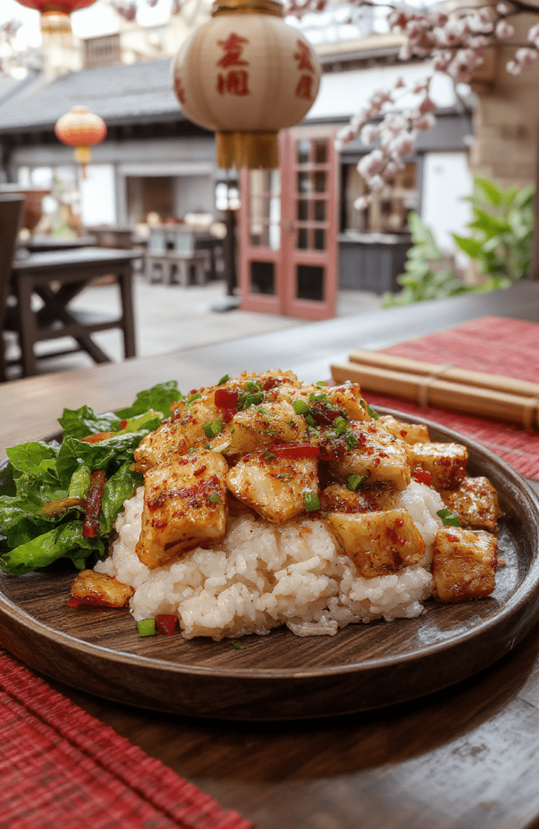 A vibrant Mulan-inspired dinner spread featuring sesame ginger chicken over jasmine rice, crisp stir-fried vegetables, red and gold décor, bamboo placemats, dragon lanterns, and plum blossoms.
