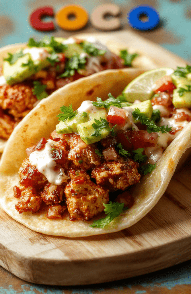 Colorful mini chicken tacos on a warm wooden board, topped with avocado crema and pico de gallo, lime wedges and cilantro; vibrant, inviting, and ready for a Pixar Coco movie night.
