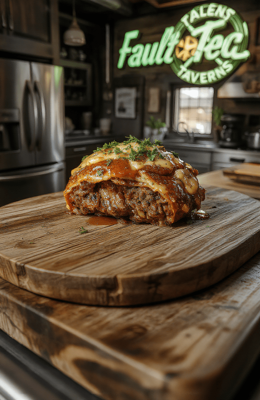 A golden-brown Brahmin Wellington sliced to reveal a rosy, tender center encased in a flaky puff pastry. The dish rests on a dark slate plate with a glossy red wine reduction, sprigs of thyme, and a bed of roasted vegetables. Textured pastry crust contrasts with the succulent filling and vibrant greens, presented in a rustic, game-night styled setting.