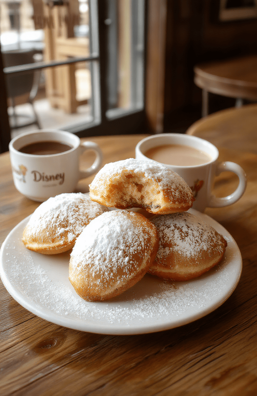 Golden fluffy beignets dusted with powdered sugar sit on a white plate next to a steaming cup of hot cocoa. The scene features a pastel Disney-themed table setup with a light wooden surface, soft bokeh, and a light dusting of cocoa. The plating highlights airy textures and a crisp exterior, evoking a cozy, magical breakfast vibe.