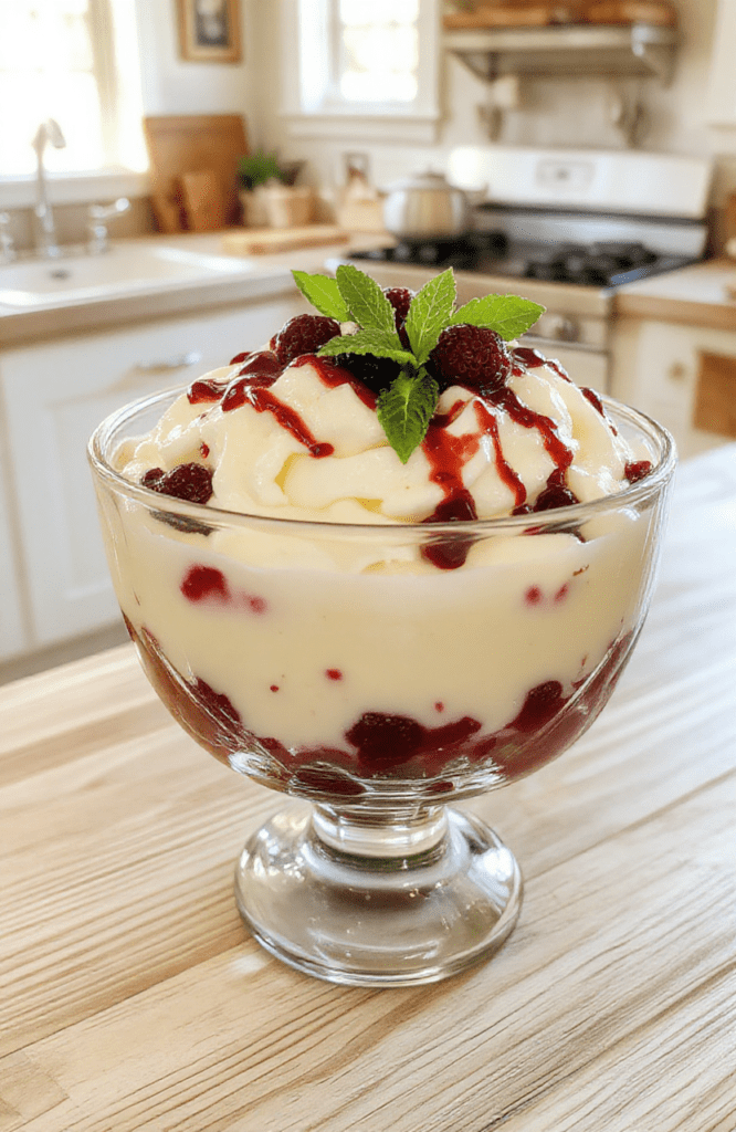 A clear glass trifle bowl sits on a white marble countertop, revealing vibrant layered dessert: pale vanilla cake cubes, silky custard, and swirls of whipped cream, interspersed with bright berries and a mint sprig on top.