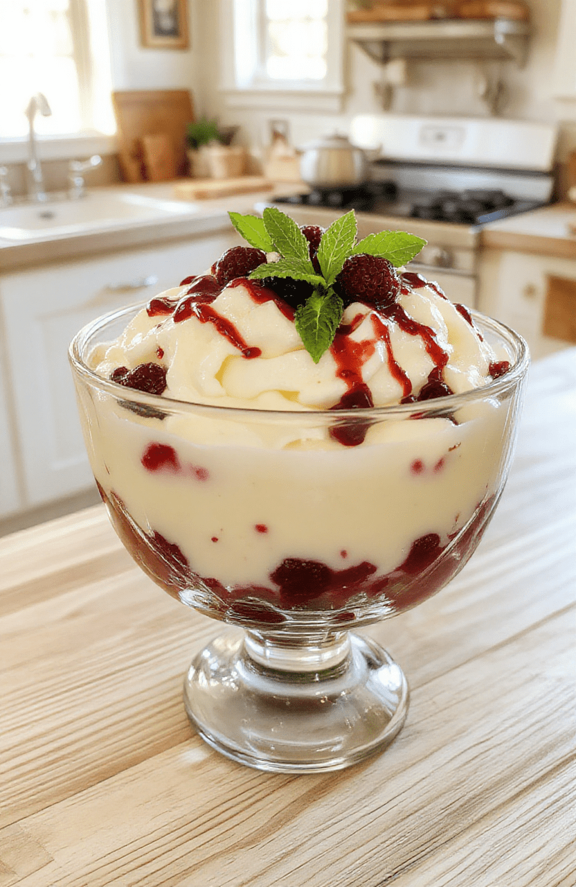 A clear glass trifle bowl sits on a white marble countertop, revealing vibrant layered dessert: pale vanilla cake cubes, silky custard, and swirls of whipped cream, interspersed with bright berries and a mint sprig on top.