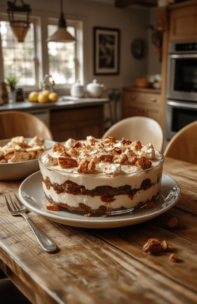 A clear glass trifle showing vibrant layers of vanilla sponge, custard, and bright berries, topped with whipped cream and toasted nuts, set on a warm wooden table with autumn leaves and soft, inviting lighting.