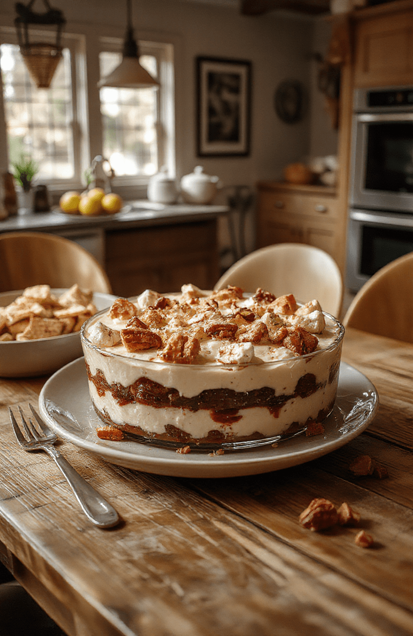 A clear glass trifle showing vibrant layers of vanilla sponge, custard, and bright berries, topped with whipped cream and toasted nuts, set on a warm wooden table with autumn leaves and soft, inviting lighting.