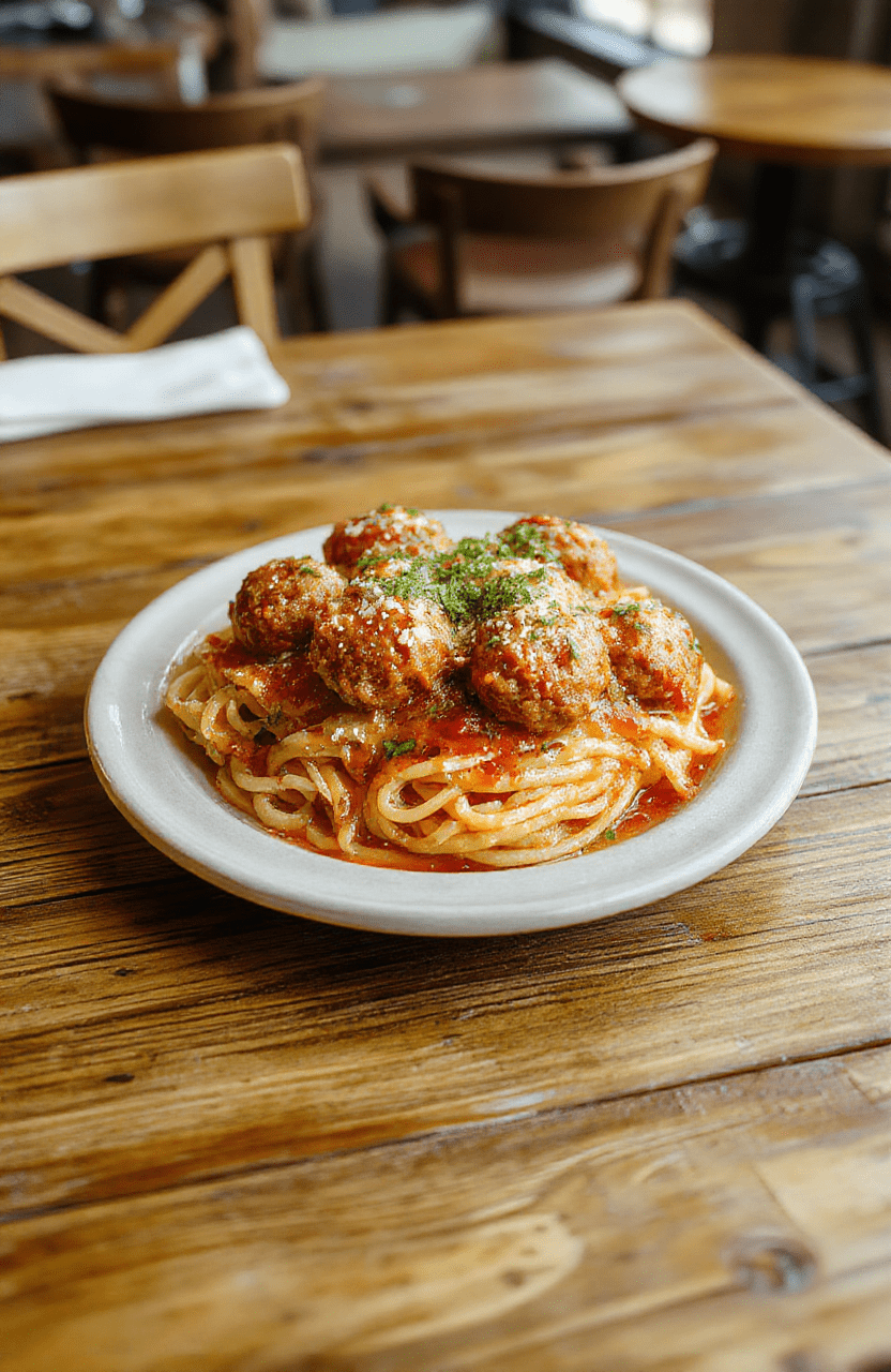 Plate of spaghetti and meatballs smothered in rich marinara sauce, sprinkled with grated Parmesan and chopped parsley, served on a white ceramic plate on a rustic wooden table; the vivid red sauce contrasts with golden pasta and browned meatballs, with steam rising for a cozy, homey feel.