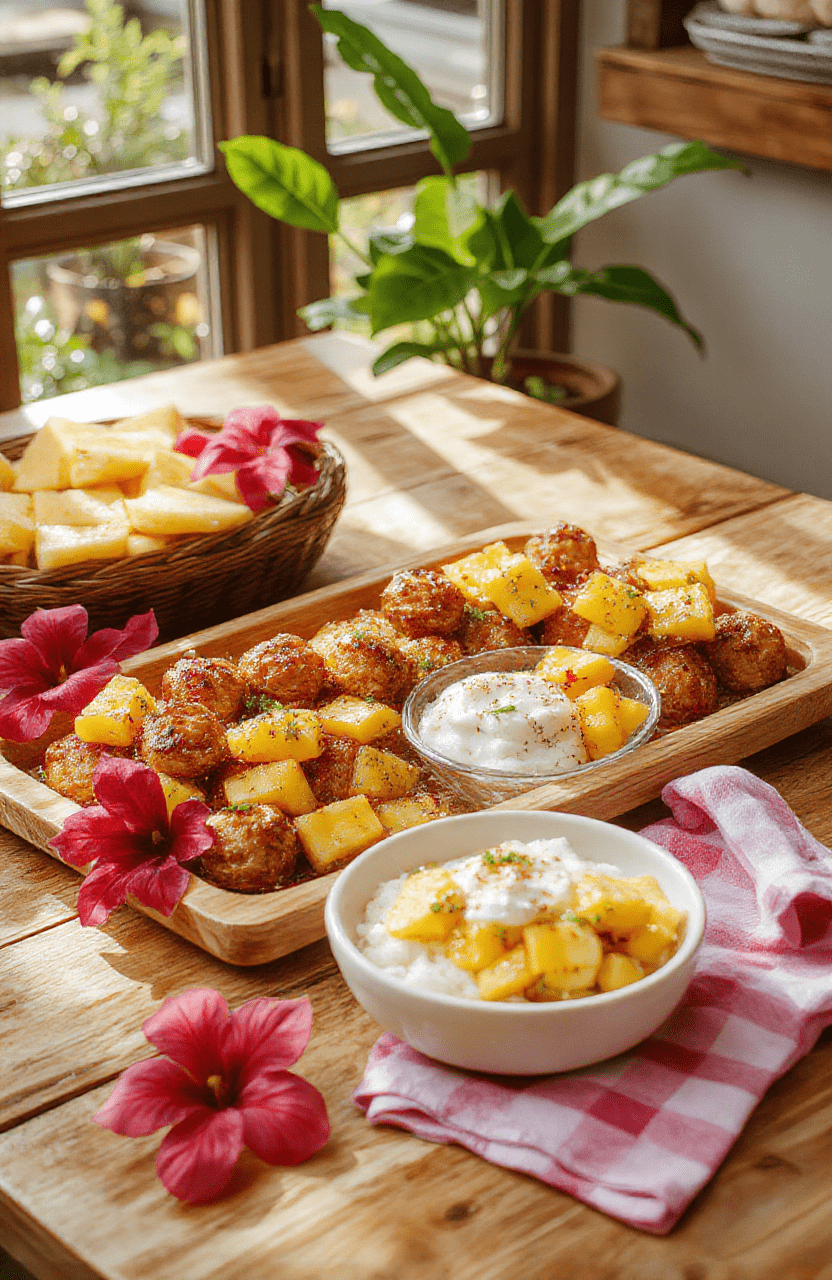 Colorful hero plate with pineapple teriyaki meatballs, coconut rice, and mango salsa arranged on a sunny wooden table; tropical fruit skewers and fresh herbs add pops of color; hibiscus petals accent the scene, with a playful, family-friendly vibe.