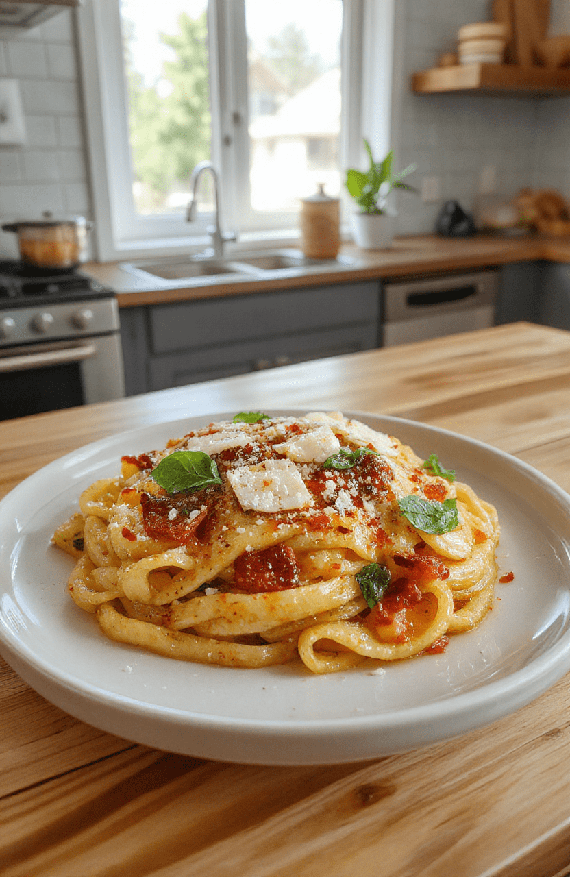 A steaming bowl of al dente spaghetti tossed in a bright tomato-basil sauce sits on a rustic wooden table. The plate is garnished with fresh basil, shavings of parmesan, and a drizzle of olive oil. The pasta is vibrant red with glossy sauce, and a lemon wedge adds a pop of yellow. A blue ceramic plate provides a coastal Italian vibe.