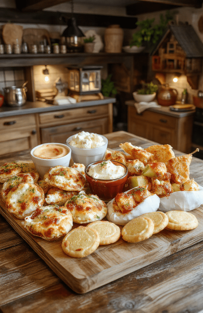Colorful Pinocchio inspired snack board featuring mini pizzas, cheese sticks, popcorn, fruit skewers and gold coin cookies on a rustic wooden board, garnished with parsley; warm kitchen backdrop with red and blue accents.