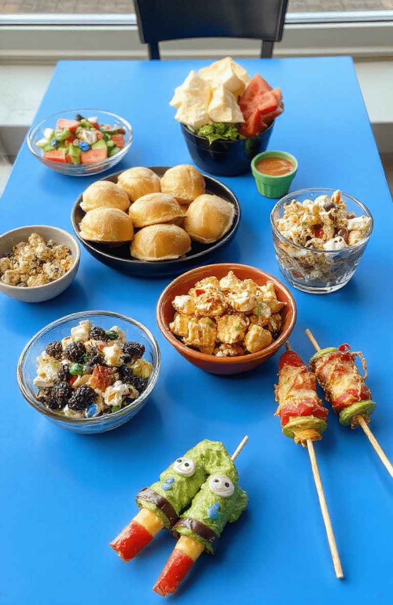 A colorful Toy Story inspired dinner spread on a bright blue tablecloth: mini cowboy sliders with melted cheddar, galaxy popcorn drizzled with blue candy, space pasta salad with cherry tomatoes and feta, rocket fruit skewers, and playful star-shaped sprinkles; vibrant, family-friendly presentation with kid-size portions and space-theme styling.