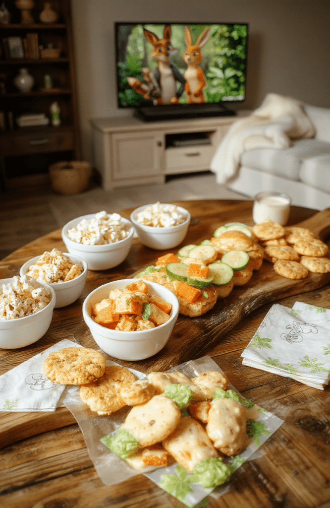 Bright, family-friendly Zootopia movie night table: a wooden board with carrot sticks, cucumber coins, and cherry tomatoes; small bowls of popcorn and animal-shaped crackers; a platter of quick-fix dinner bites like mini sliders and veggie skewers; colorful napkins with fox and rabbit motifs; a movie poster in the background; warm, inviting lighting and a cozy, casual dinner setup.