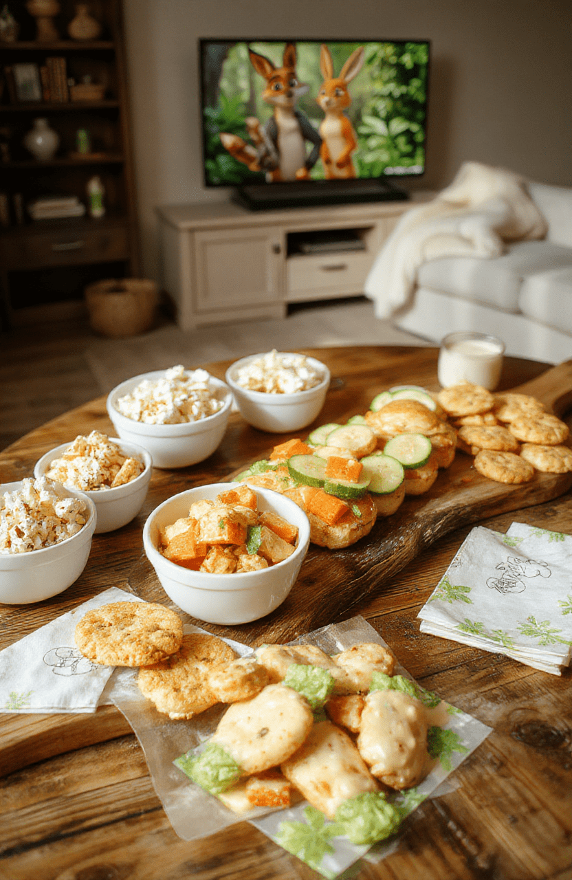 Bright, family-friendly Zootopia movie night table: a wooden board with carrot sticks, cucumber coins, and cherry tomatoes; small bowls of popcorn and animal-shaped crackers; a platter of quick-fix dinner bites like mini sliders and veggie skewers; colorful napkins with fox and rabbit motifs; a movie poster in the background; warm, inviting lighting and a cozy, casual dinner setup.